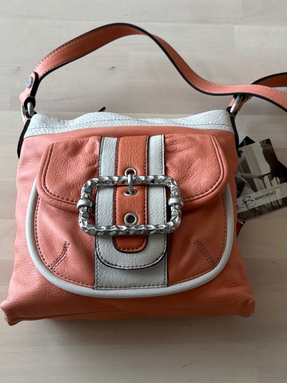 B. Makowsky Peach& White Pebbled Leather Crossbody Bag -NWT